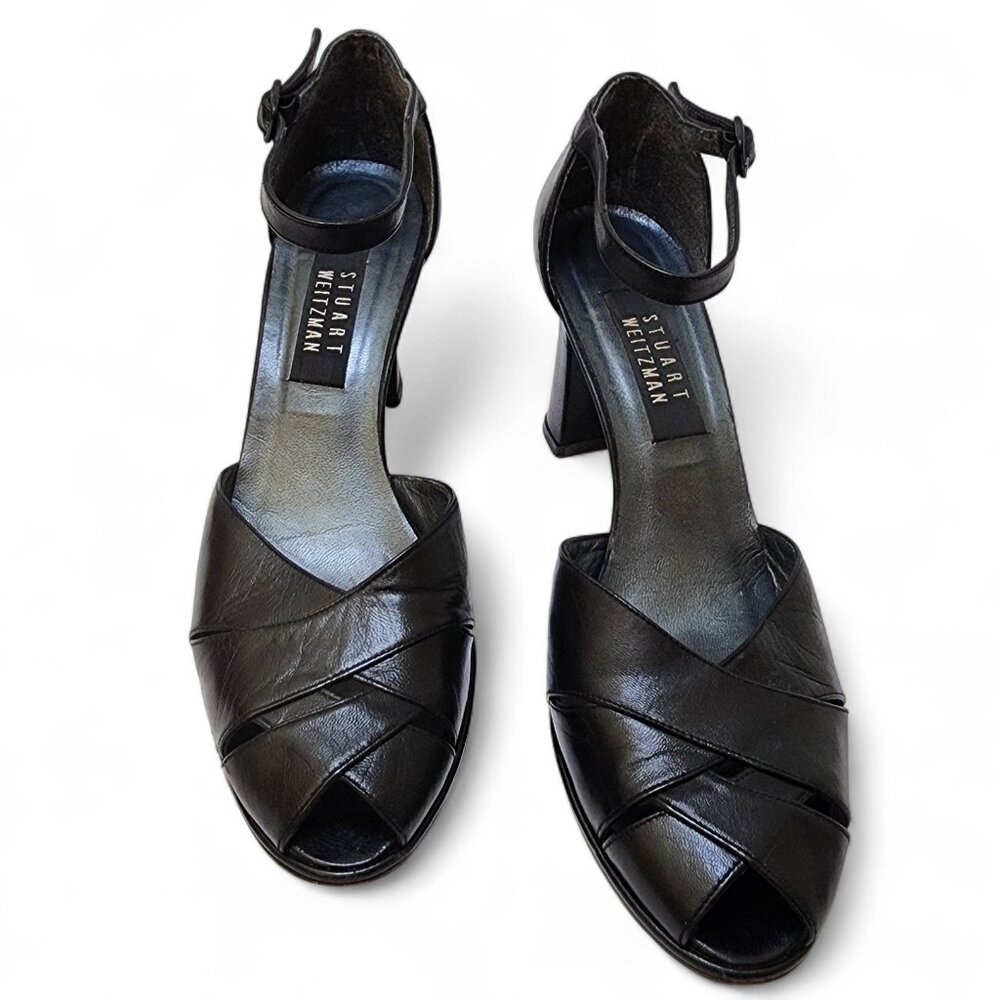 Stuart Weitzman Norma II Black Leather  Pump Heels Peep Toe 9 AA Narrow